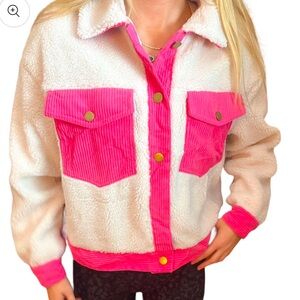 Preppy Palette- Delaney Cream Sherpa Jacket with Pink Details
